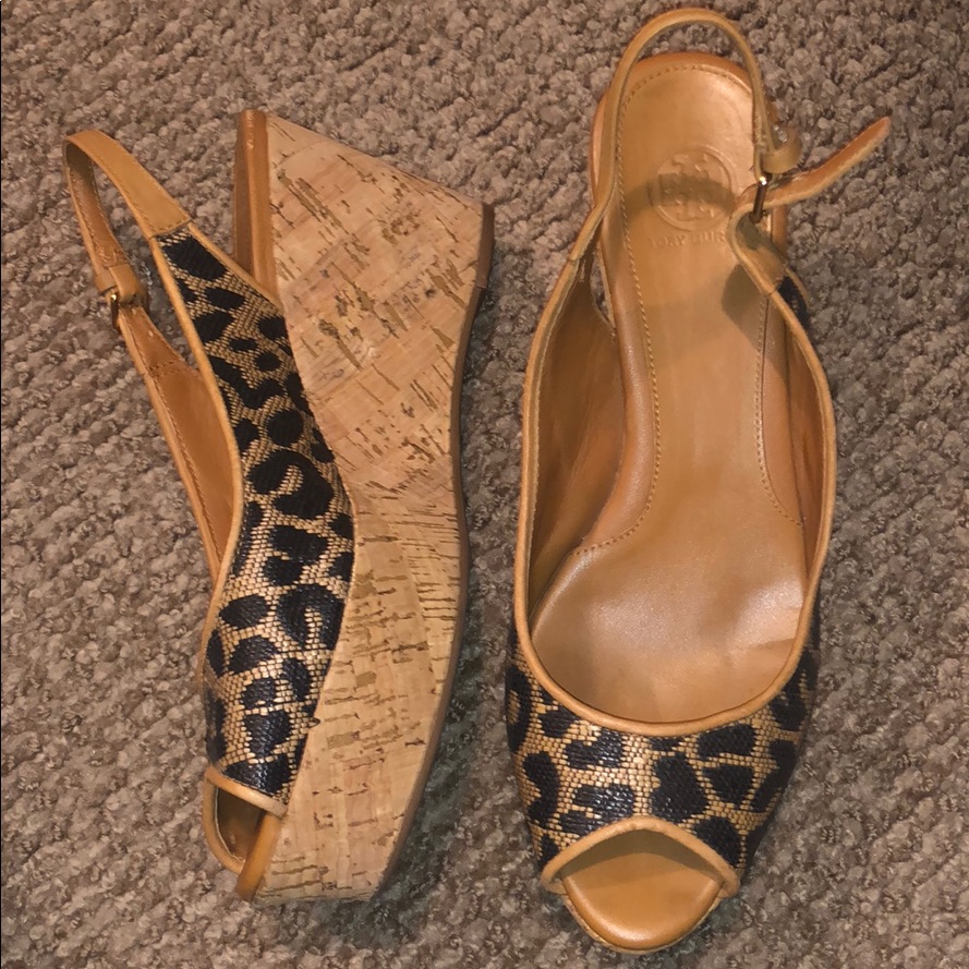 Tory Burch Animal Print Platform Peep Toe Wedges